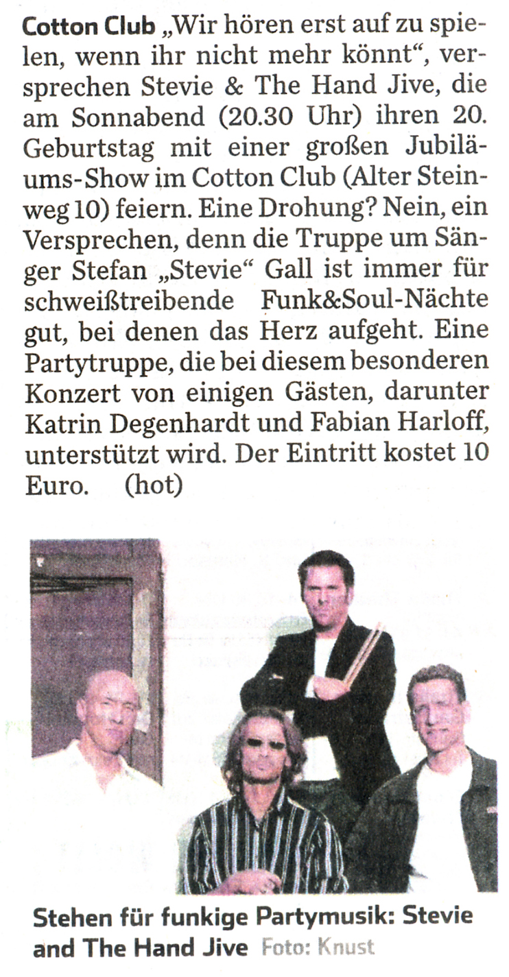 Bild eines Artikels über Stevie and the Handjive im Hamburger Abendblatt